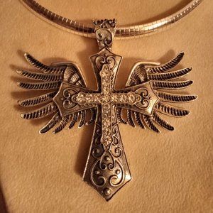 Silver ornate large Cross with wings herringbone silver tone necklace